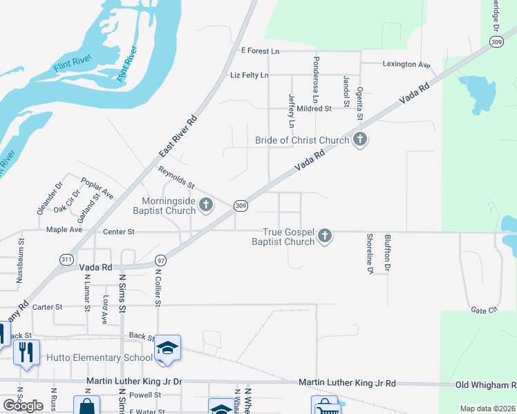 map of restaurants, bars, coffee shops, grocery stores, and more near 1505 Vada Road in Bainbridge