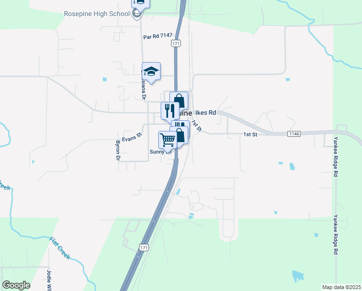 map of restaurants, bars, coffee shops, grocery stores, and more near 18609 Johnnie B Hall Memorial Highway in DeRidder
