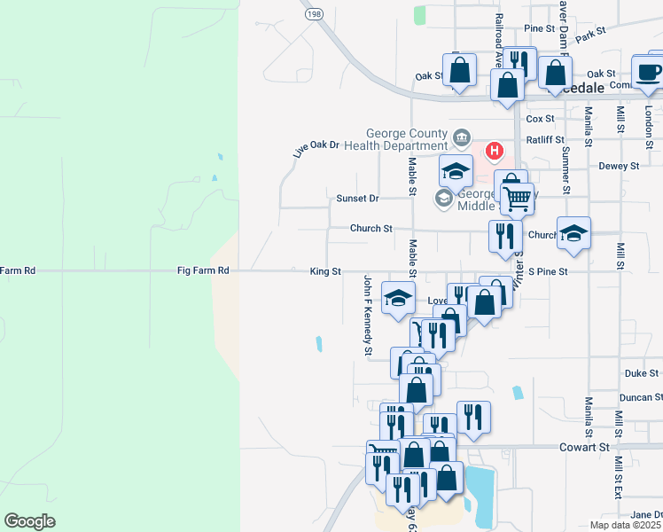 map of restaurants, bars, coffee shops, grocery stores, and more near 84 Cauley Drive in Lucedale