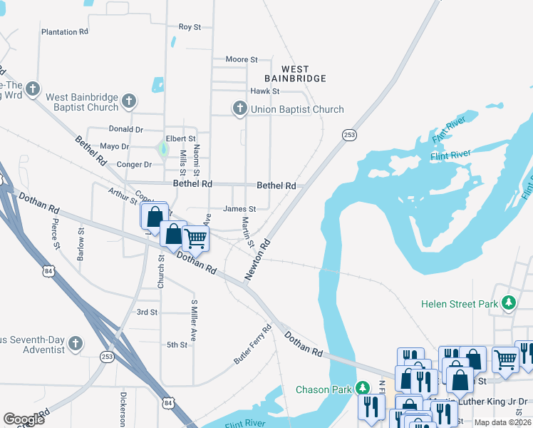 map of restaurants, bars, coffee shops, grocery stores, and more near 801 James Street in Bainbridge