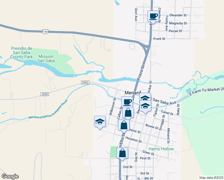 map of restaurants, bars, coffee shops, grocery stores, and more near 407 West San Saba Avenue in Menard