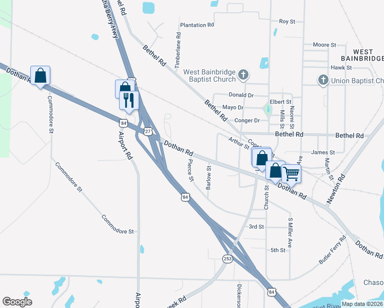 map of restaurants, bars, coffee shops, grocery stores, and more near 1756 State Route 1 Bus in Bainbridge