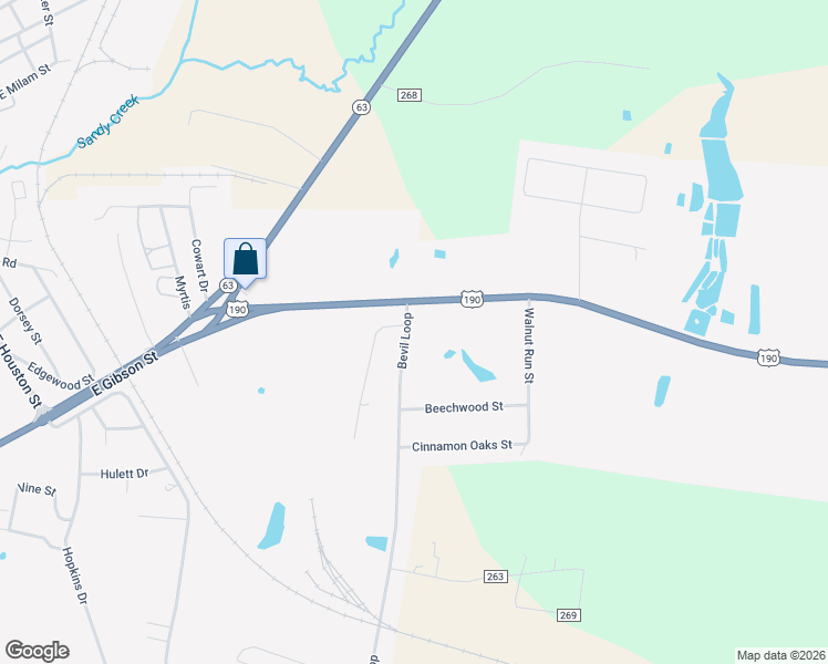map of restaurants, bars, coffee shops, grocery stores, and more near 2500 Bevil Loop in Jasper