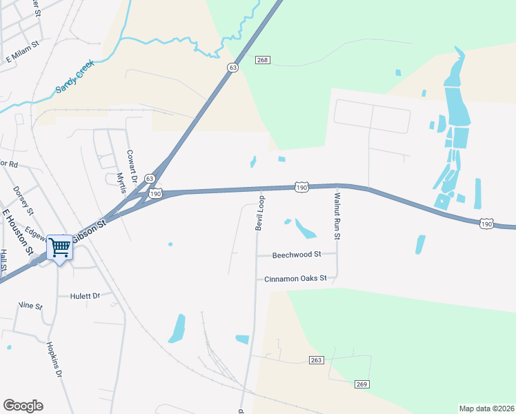 map of restaurants, bars, coffee shops, grocery stores, and more near 2500 Bevil Loop in Jasper
