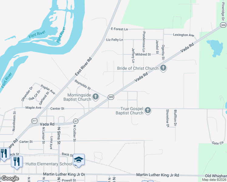 map of restaurants, bars, coffee shops, grocery stores, and more near 1505 Vada Road in Bainbridge