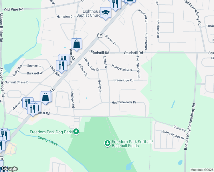 map of restaurants, bars, coffee shops, grocery stores, and more near 3748 Robin Lane in Valdosta