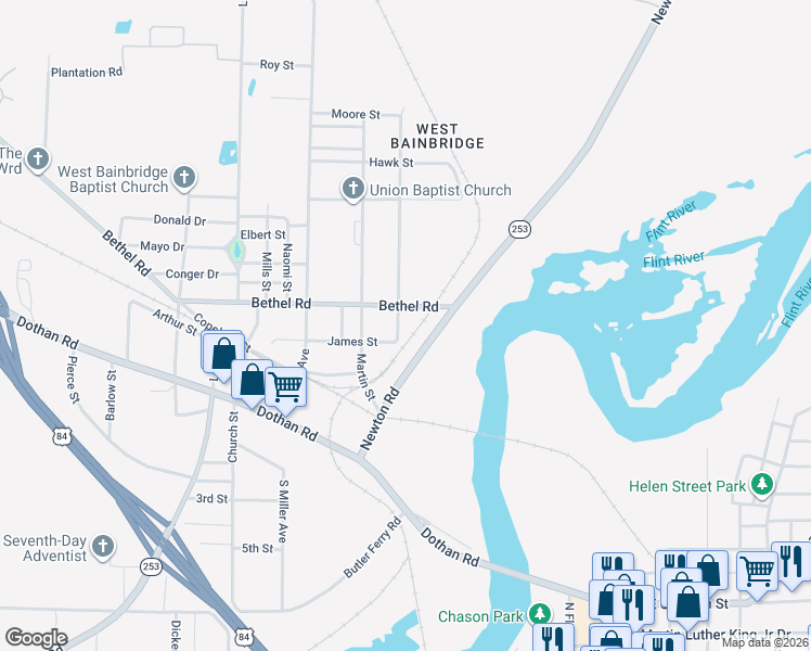 map of restaurants, bars, coffee shops, grocery stores, and more near 801 James Street in Bainbridge
