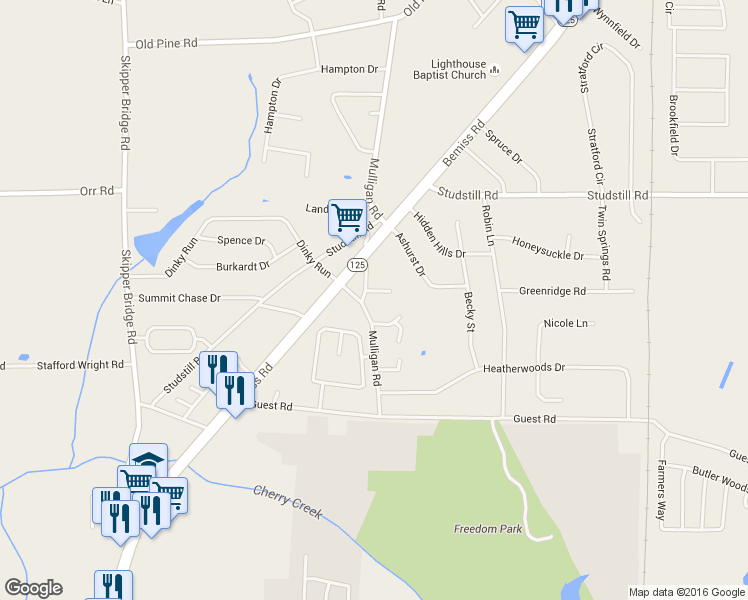 map of restaurants, bars, coffee shops, grocery stores, and more near 3703 Mulligan Road Circle in Valdosta