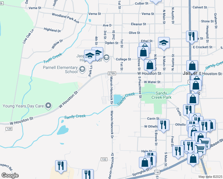 map of restaurants, bars, coffee shops, grocery stores, and more near 128 Marvin Hancock Drive in Jasper