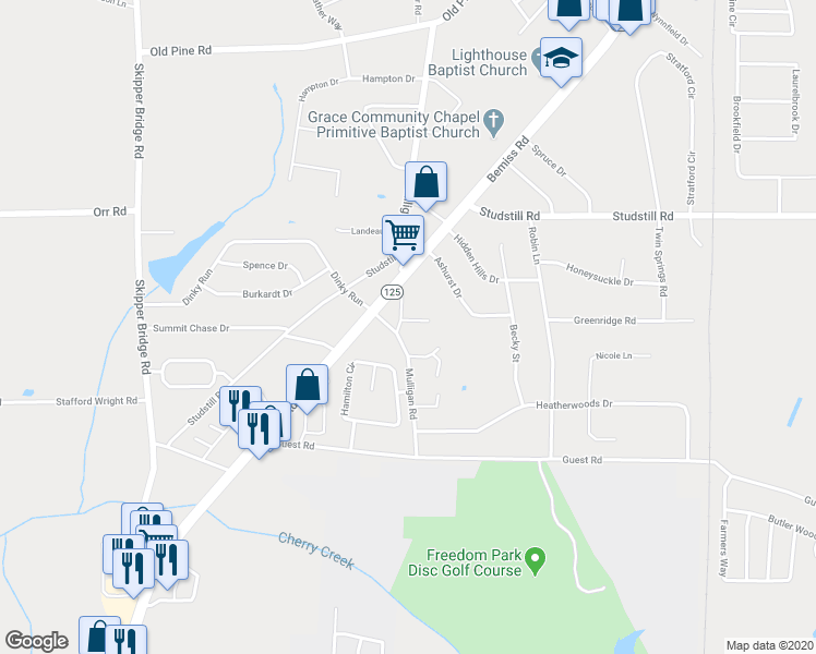 map of restaurants, bars, coffee shops, grocery stores, and more near 3706 Mulligan Road Circle in Valdosta