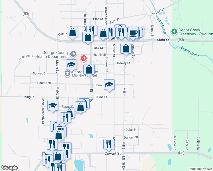 map of restaurants, bars, coffee shops, grocery stores, and more near 689 Church Street in Lucedale