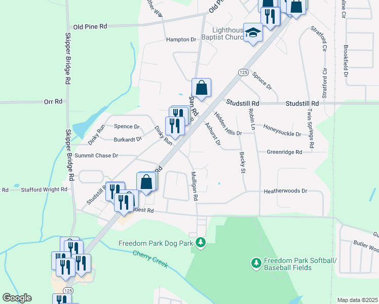 map of restaurants, bars, coffee shops, grocery stores, and more near Manor Court in Valdosta