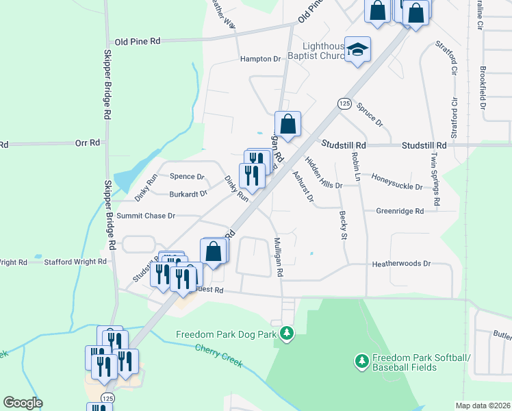 map of restaurants, bars, coffee shops, grocery stores, and more near 3501-3529 Dinky Run in Valdosta