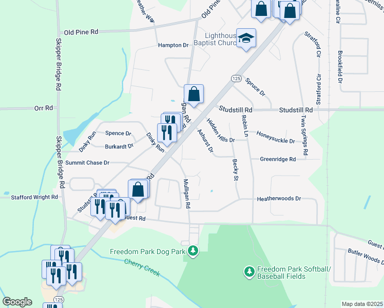 map of restaurants, bars, coffee shops, grocery stores, and more near 3703 Mulligan Road Circle in Valdosta