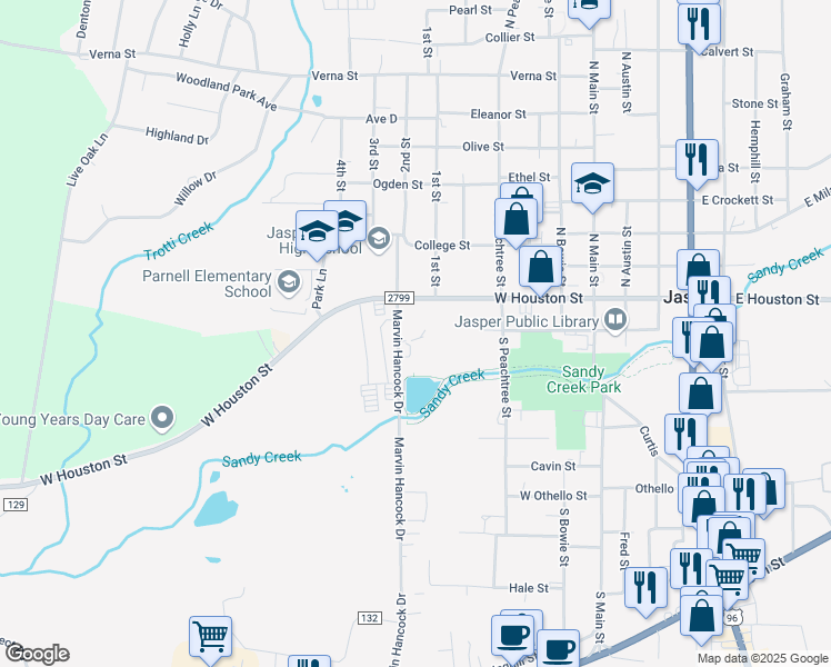 map of restaurants, bars, coffee shops, grocery stores, and more near 128 Marvin Hancock Drive in Jasper