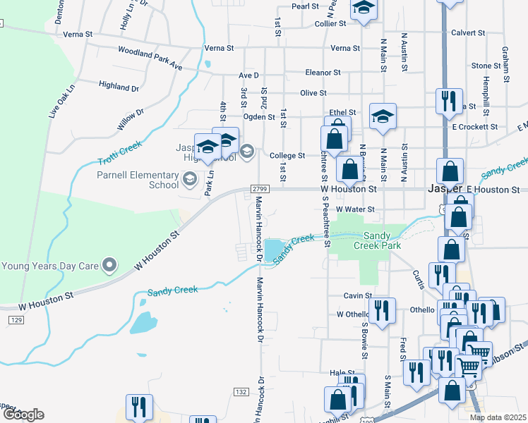 map of restaurants, bars, coffee shops, grocery stores, and more near 128 Marvin Hancock Drive in Jasper