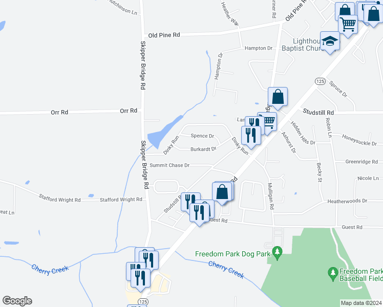 map of restaurants, bars, coffee shops, grocery stores, and more near 3418 Burkardt Drive in Valdosta