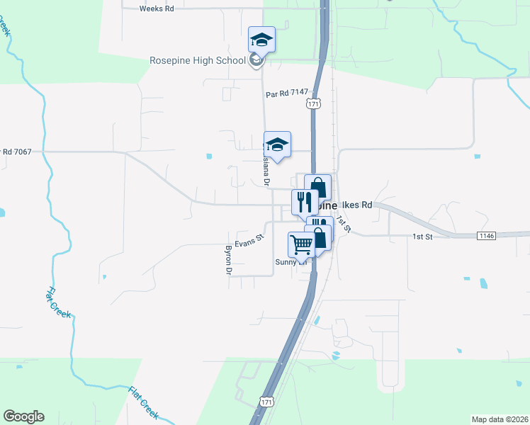map of restaurants, bars, coffee shops, grocery stores, and more near Louisiana Ave in DeRidder