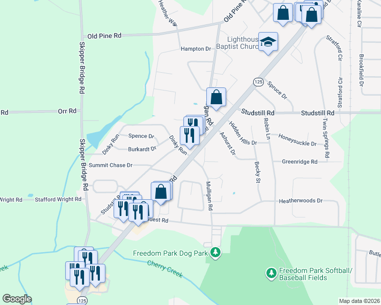 map of restaurants, bars, coffee shops, grocery stores, and more near 3501 Dinky Run in Valdosta