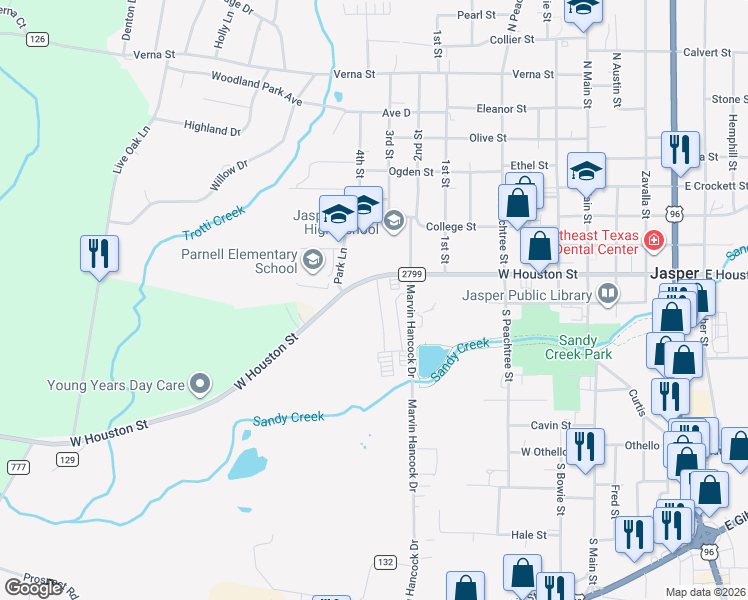 map of restaurants, bars, coffee shops, grocery stores, and more near 105 Crestwood Drive in Jasper