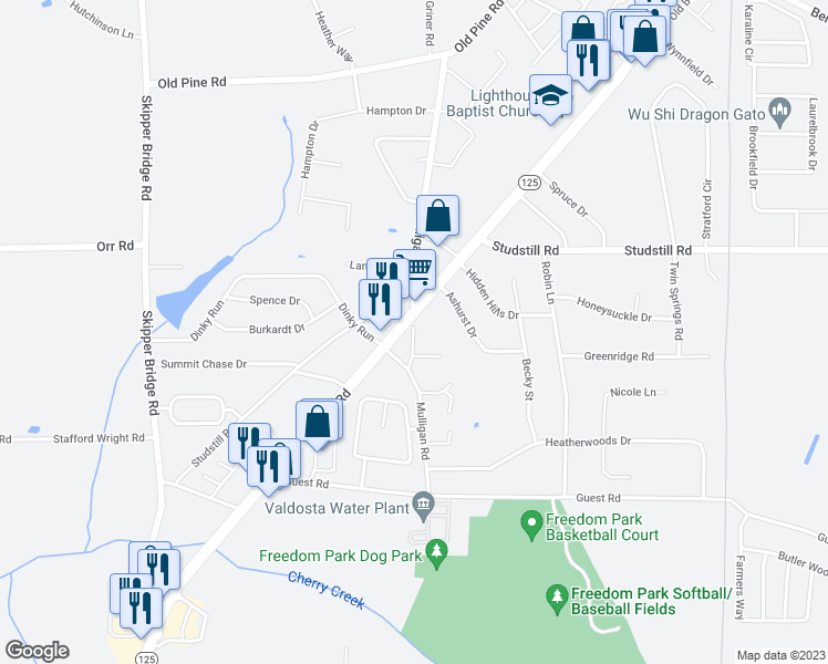 map of restaurants, bars, coffee shops, grocery stores, and more near 3850a Manor Court in Valdosta