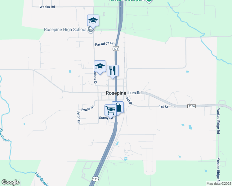 map of restaurants, bars, coffee shops, grocery stores, and more near in Rosepine