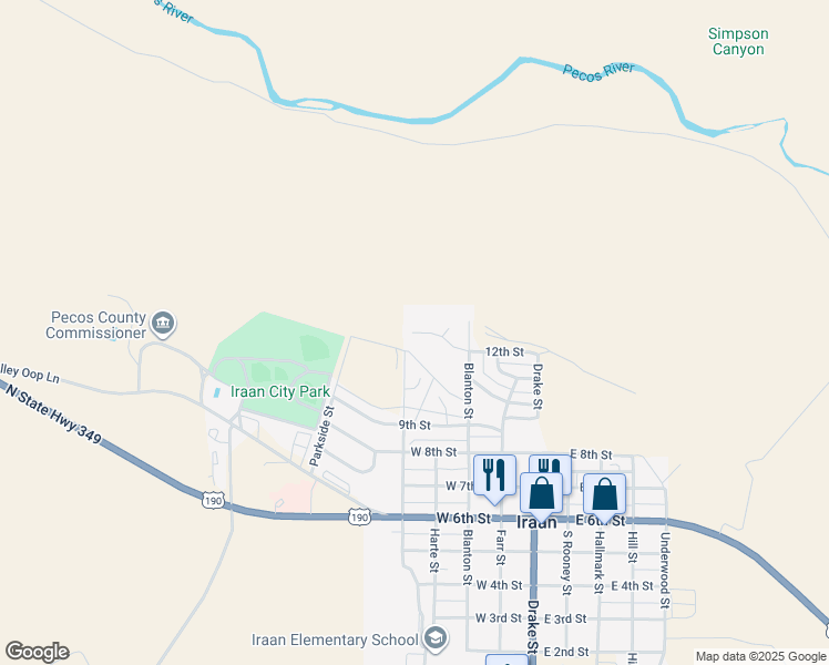 map of restaurants, bars, coffee shops, grocery stores, and more near 310 12th Street in Iraan