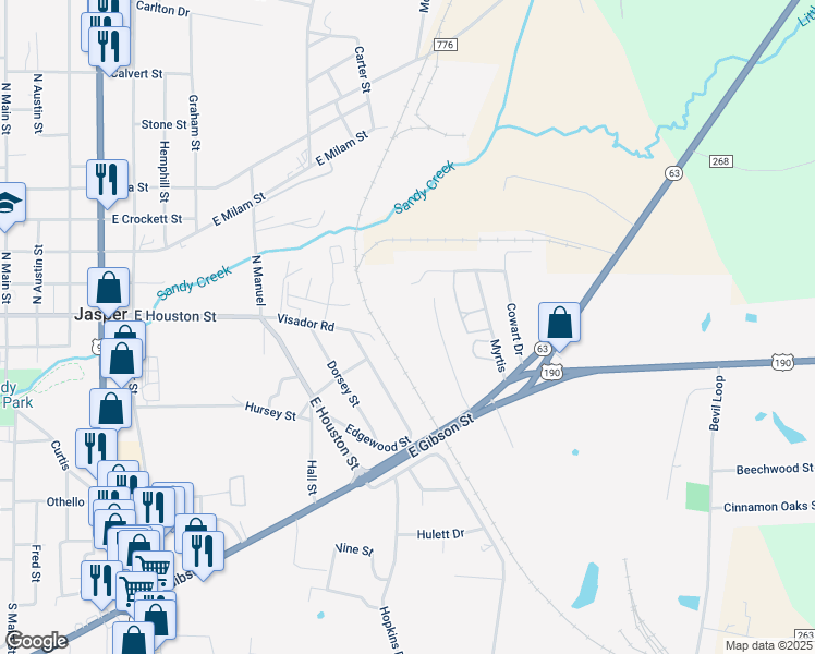 map of restaurants, bars, coffee shops, grocery stores, and more near 1599 Palmetto Drive in Jasper
