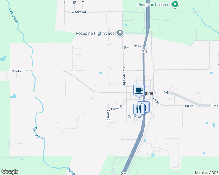 map of restaurants, bars, coffee shops, grocery stores, and more near 7021-7332 Par Road 7067 in DeRidder