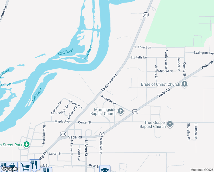 map of restaurants, bars, coffee shops, grocery stores, and more near 1339 East River Road in Bainbridge