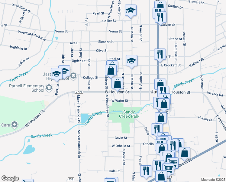 map of restaurants, bars, coffee shops, grocery stores, and more near 332 West Houston Street in Jasper