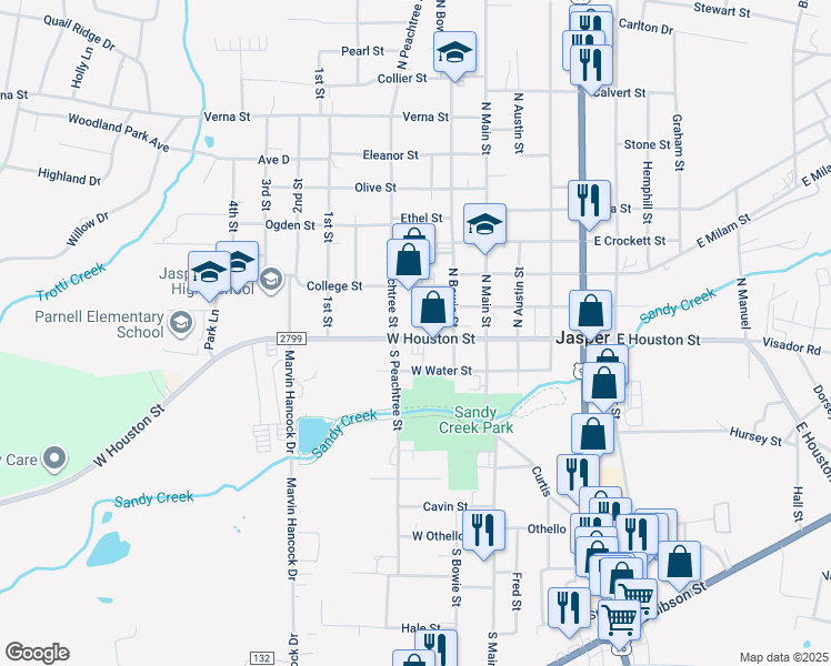 map of restaurants, bars, coffee shops, grocery stores, and more near 332 West Houston Street in Jasper
