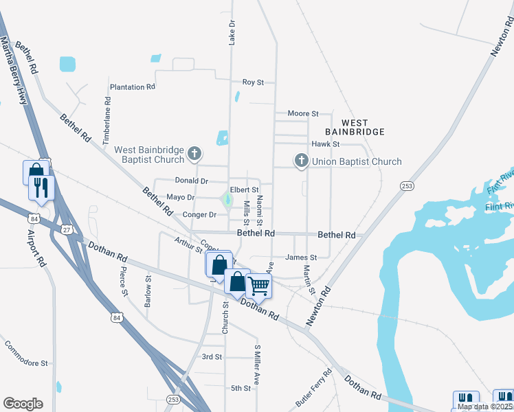 map of restaurants, bars, coffee shops, grocery stores, and more near 1108 Newton Street in Bainbridge