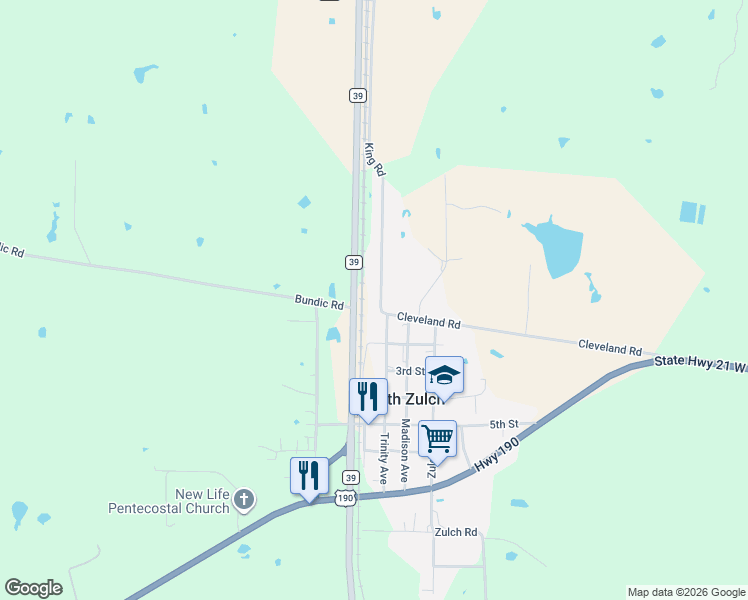 map of restaurants, bars, coffee shops, grocery stores, and more near 3618 King Road in North Zulch