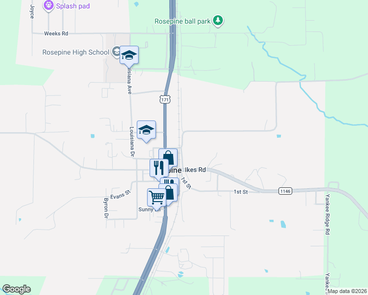 map of restaurants, bars, coffee shops, grocery stores, and more near 6566 1st Street in Rosepine