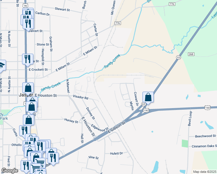 map of restaurants, bars, coffee shops, grocery stores, and more near 1599 Palmetto Drive in Jasper