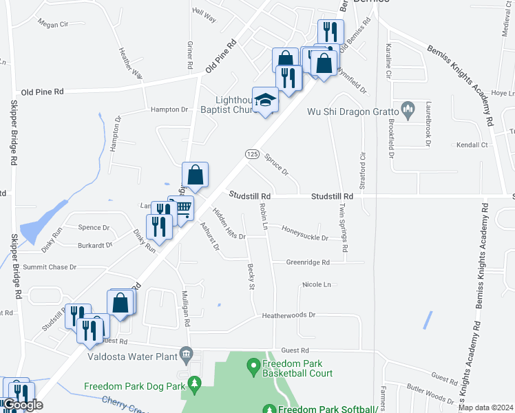 map of restaurants, bars, coffee shops, grocery stores, and more near 3704 Robin Lane in Valdosta