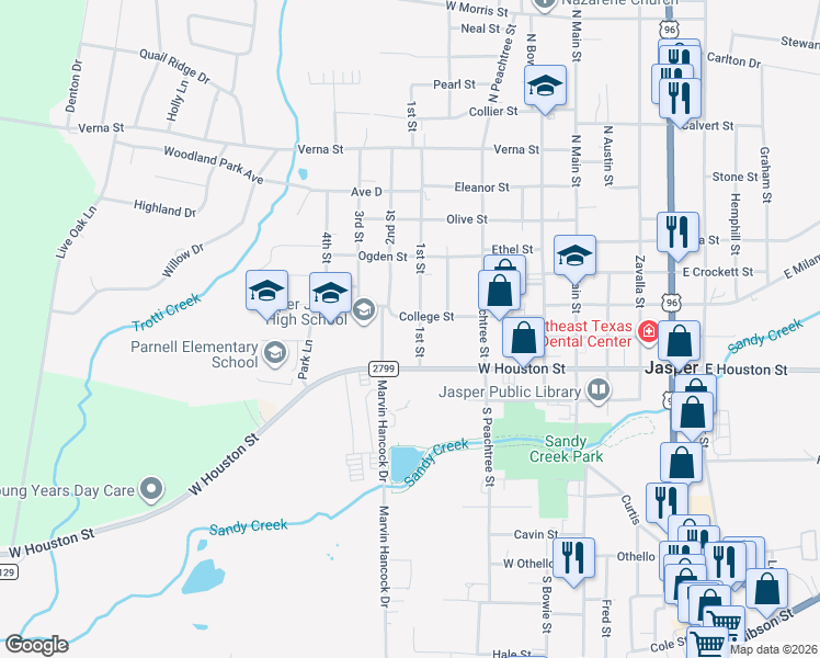map of restaurants, bars, coffee shops, grocery stores, and more near 501-599 College Street in Jasper