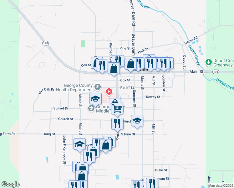 map of restaurants, bars, coffee shops, grocery stores, and more near 929-967 Winter St in Lucedale