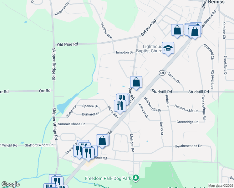 map of restaurants, bars, coffee shops, grocery stores, and more near 4036 Landeau Circle in Valdosta