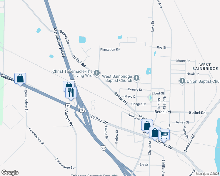 map of restaurants, bars, coffee shops, grocery stores, and more near 1620 Bethel Road in Bainbridge