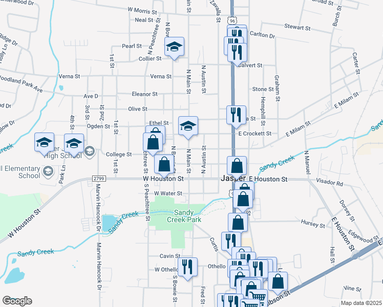 map of restaurants, bars, coffee shops, grocery stores, and more near 250 North Main Street in Jasper