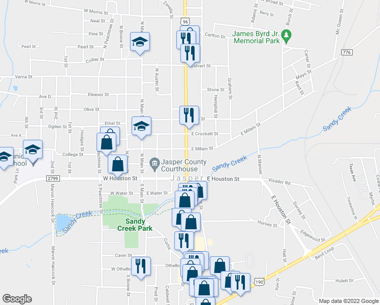 map of restaurants, bars, coffee shops, grocery stores, and more near 258 North Wheeler Street in Jasper