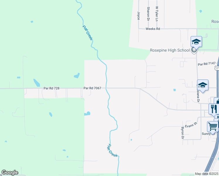map of restaurants, bars, coffee shops, grocery stores, and more near 7332 Par Road 7067 in DeRidder