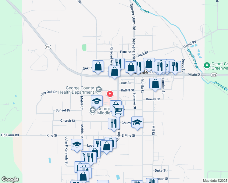map of restaurants, bars, coffee shops, grocery stores, and more near 929 Winter Street in Lucedale