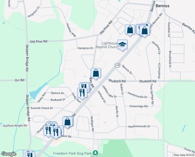map of restaurants, bars, coffee shops, grocery stores, and more near 4443 Bemiss Road in Valdosta