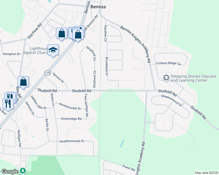 map of restaurants, bars, coffee shops, grocery stores, and more near 3859 Studstill Road in Valdosta