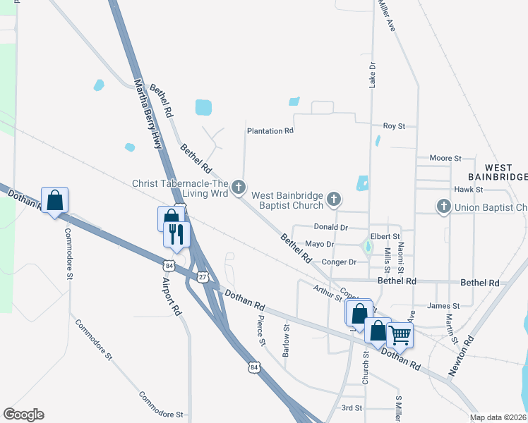 map of restaurants, bars, coffee shops, grocery stores, and more near 1620 Bethel Road in Bainbridge
