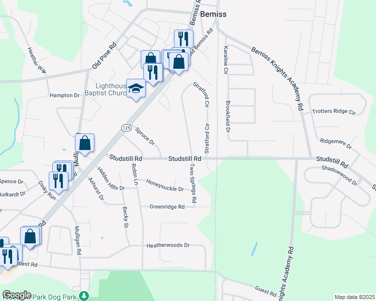 map of restaurants, bars, coffee shops, grocery stores, and more near 3811 Stratford Circle in Valdosta