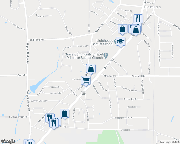 map of restaurants, bars, coffee shops, grocery stores, and more near 4045 Mulligan Road in Valdosta